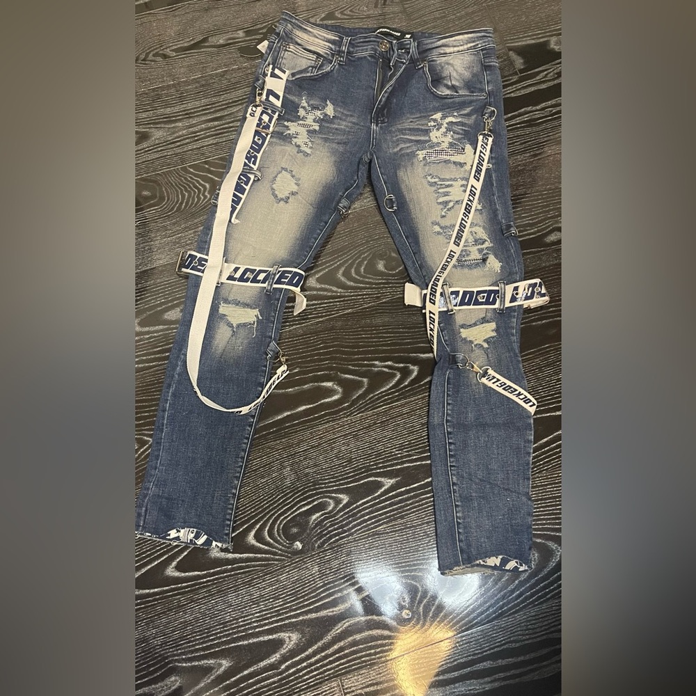 Distressed Blue Jeans with Straps